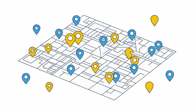 Isometric map with location pins in blue and yellow on grid layout