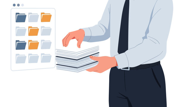 Office worker managing files and documents with data organization illustration.