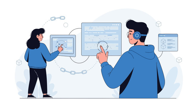 People interacting with digital interfaces and blockchain technology