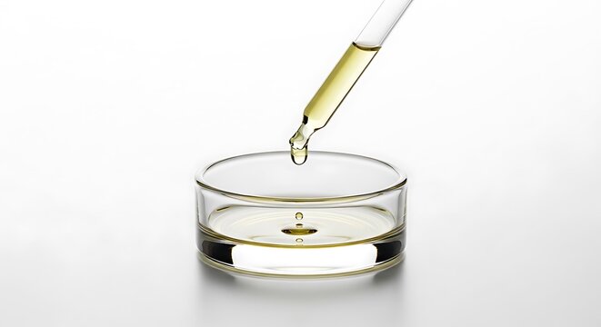 Cistus essential oil being carefully dripped from a glass pipette into a crystal laboratory dish for cosmetic research on a bright white background