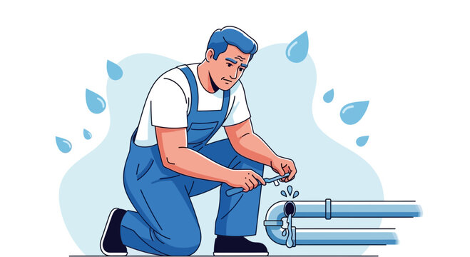 Plumber Fixing Leaking Pipe with Wrench, Water Drops