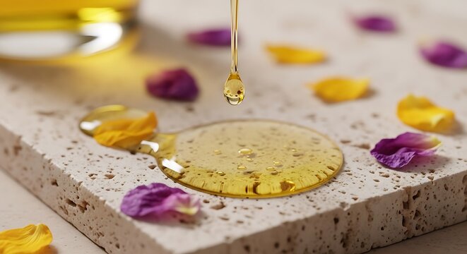 A golden drop of cistus essential oil falling onto a natural travertine stone surface decorated with vibrant purple and yellow aromatic floral petals