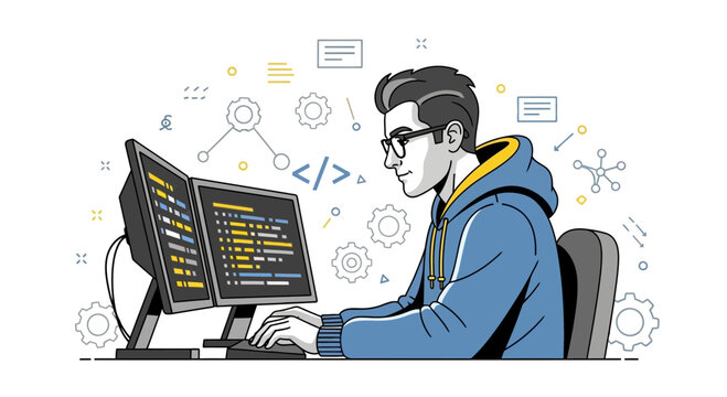 Programmer at computer, coding, digital technology, software development, it specialist