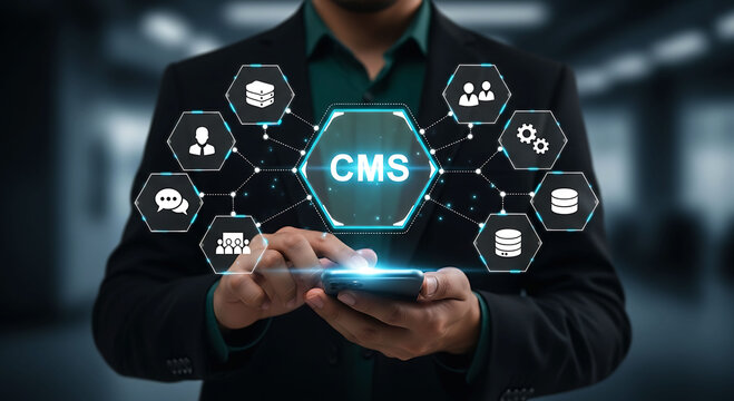 Businessman Managing CMS Content Management System With Mobile Technology