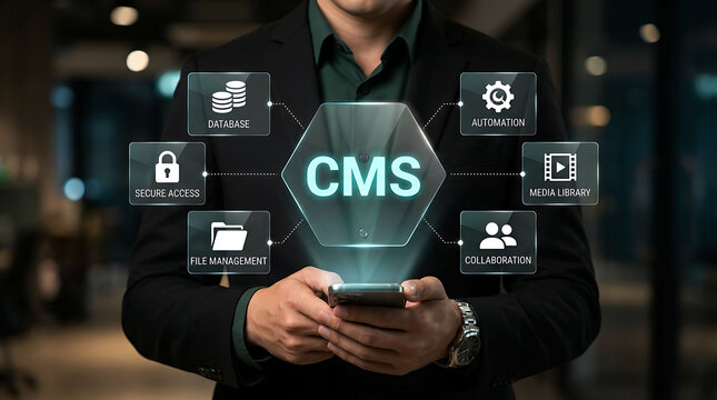 Businessman Managing CMS Content Management System With Digital Technology