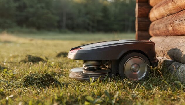 Compact mower operating near cabin edge with spinning blade in sharp clarity and blurred forest backdrop illustrating quiet autonomous upkeep.