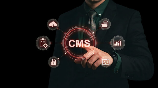 Businessman Touching CMS Content Management System Digital Technology Panel
