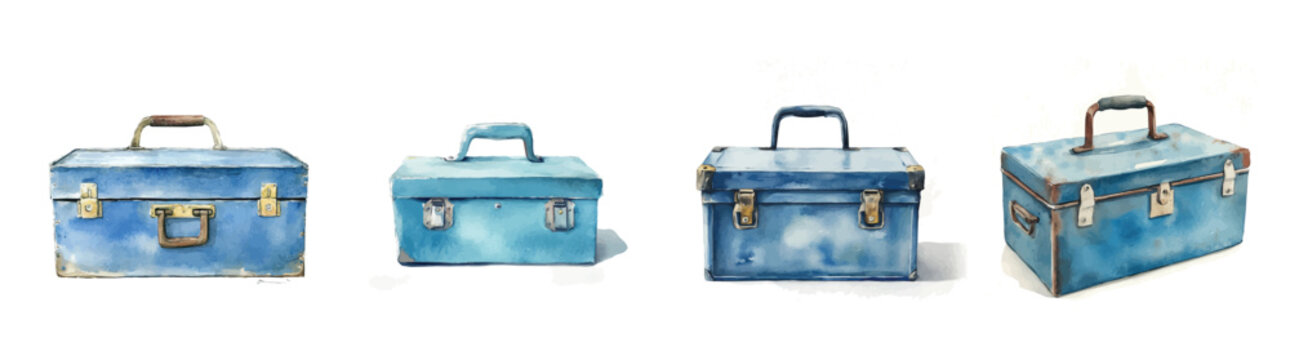 A Collection of blue farm tool box painting designs, Hand-painted style, vectorized, vector set available in EPS, Simple Hand-painted watercolor style, vector set available in EPS