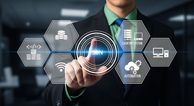 Businessman Using SDN Automation Server And Digital Network Technology System