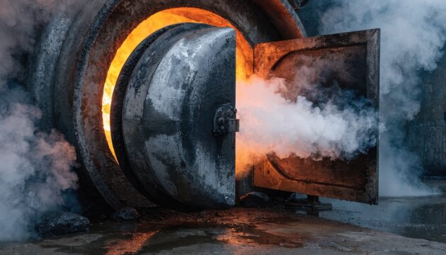 Medium shot of a hinged furnace pressure relief panel allowing controlled venting showcasing industrial safety design on a large metal shell during operation.