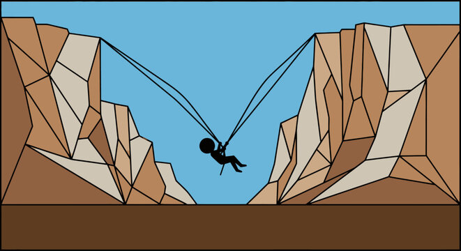 A person enjoying a thrilling zip line adventure across a rocky canyon under a clear blue sky.