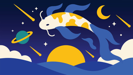 Fantasy Koi Fish in Space Vector Illustration with Moon and Planets © Momo studio