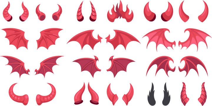 Red Devil Horn and Bat Wing Collection with Demon Fantasy Evil and Halloween Character Design Element Vector Set