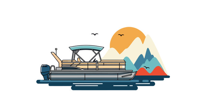 Flat vector illustration of a pontoon boat on a lake at sunset with mountains.