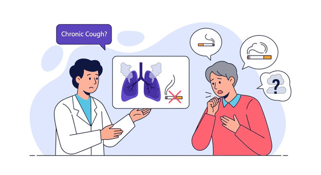 Doctor explains chronic cough and smoking risks to patient with damaged lungs