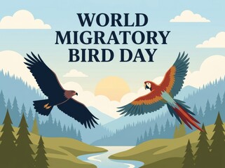 Naklejka premium World Migratory Bird Day Celebration Banner with Flying Birds.