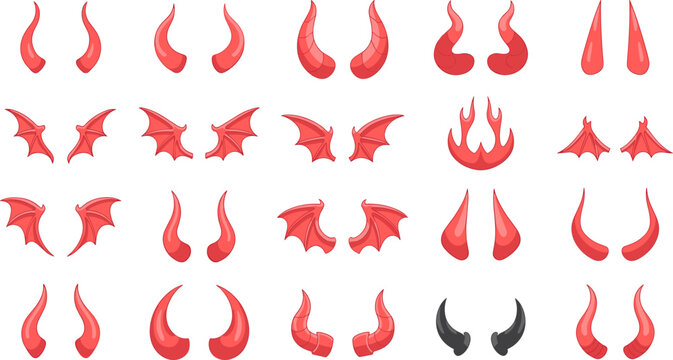 Red Devil Horn and Bat Wing Collection with Demon Fantasy Evil and Halloween Character Design Element Vector Set