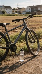 Fototapeta premium Robust mountain bike with water bottle in golden hour agricultural field for adventure travel and outdoor fitness exploration concept