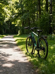 Fototapeta premium Green electric bicycle parked on sunlit forest path for eco friendly tourism nature adventure and modern mobility concept