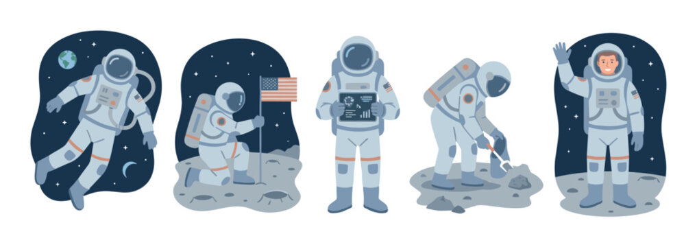 Astronauts exploring space and the moon in various poses, including floating, planting a flag, analyzing data, collecting samples, and waving.