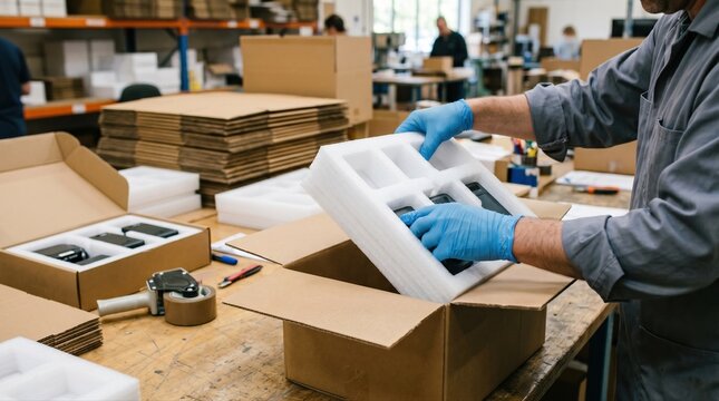 Medium shot capturing foam inserts being carefully placed inside boxes to protect devices during transit showcasing attention to safety and packaging quality.