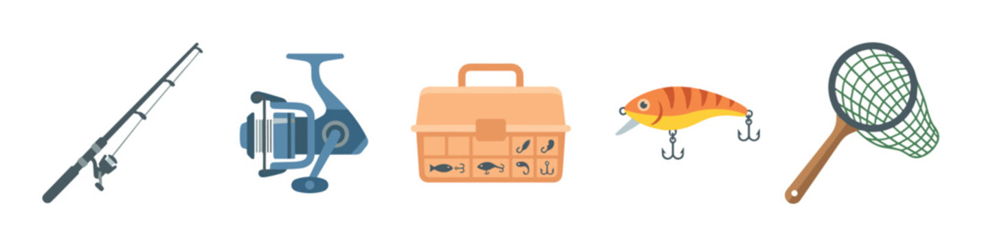 Fishing equipment and accessories collection featuring a rod, reel, tackle box, lure, and net, essential for a successful angling adventure.