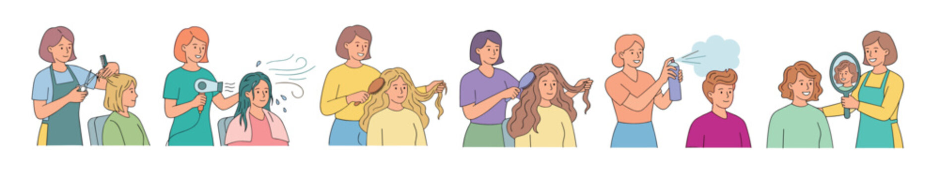 Hair salon services vector illustration set showing various professional hairdressing procedures like cutting, drying, brushing, and styling for clients.