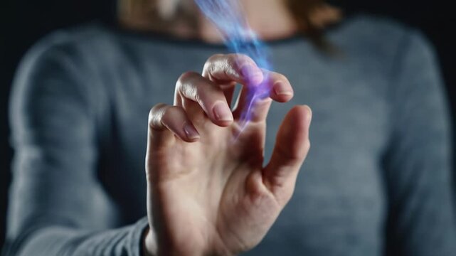 Exquisite cu of a modern human hand long sleeve swiping a transparent digital interface, erupting vibrant electric blue, purple, cyan light trails and data streams against a blurred dark background