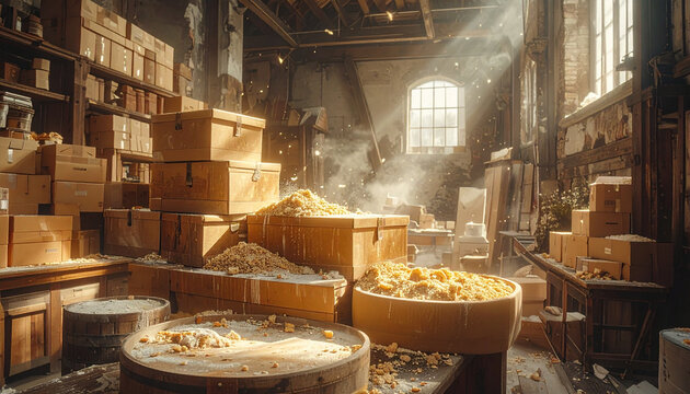 Wooden boxes in a bright storage space