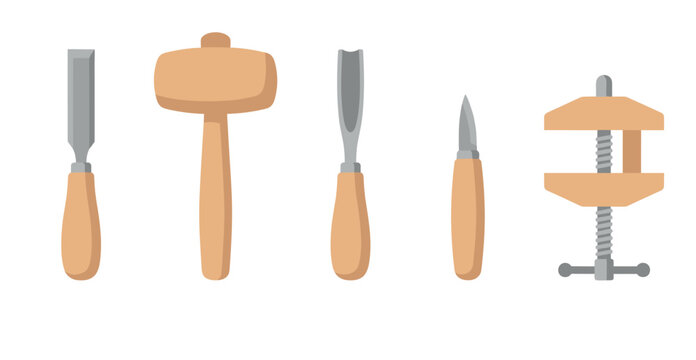 Woodworking tools set featuring various chisels, a wooden mallet, a carving knife, and a C-clamp for craft and carpentry projects.