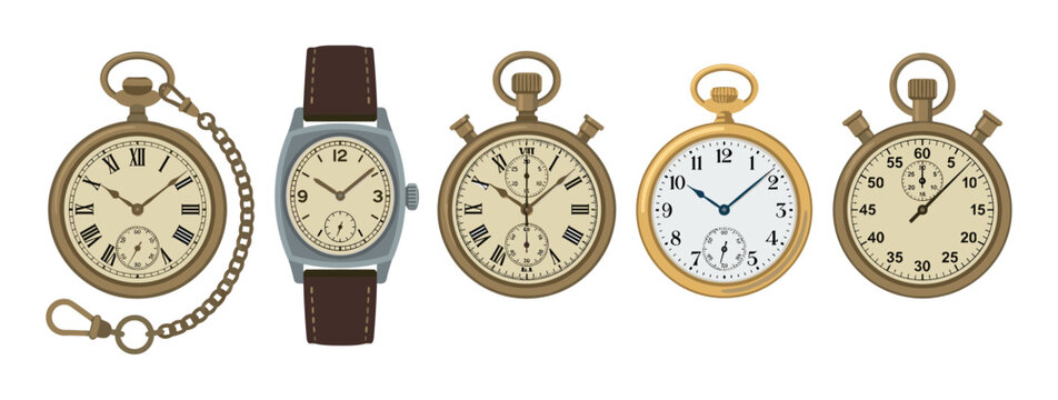 Various antique watches and stopwatches collection representing different timekeeping devices and their historical evolution in a detailed illustration.