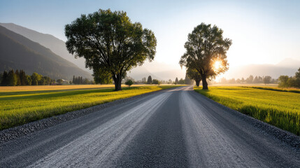 Fototapeta premium Countryside gravel road green field sunrise mountain tree rural landscape peaceful outdoor nature scene