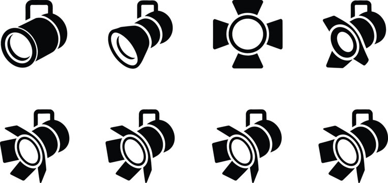 Professional stage spotlight icon set featuring various studio lighting equipment silhouettes for theater, cinema, concerts, and event production design in a clean black vector style.