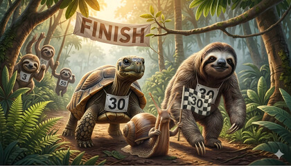 Fototapeta premium Funny slow race in a jungle between a realistic tortoise, a sloth, and a capybara approaching the finish line, whimsical animal illustration.