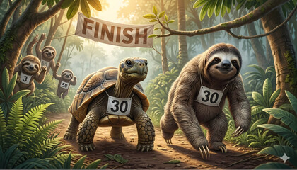 Fototapeta premium Funny slow race in a jungle between a realistic tortoise, a sloth, and a capybara approaching the finish line, whimsical animal illustration.