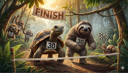 Fototapeta premium Funny slow race in a jungle between a realistic tortoise, a sloth, and a capybara approaching the finish line, whimsical animal illustration.