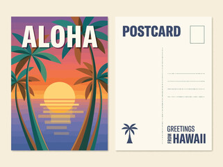 Retro Hawaii Postcard Template with Aloha Sunset Illustration and Address Layout, Vintage Tropical Travel Greeting Card Design © Arfi