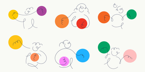 Flat design collection of six doodle line art characters with colorful circle shapes, symbolizing diversity and creativity, ideal for branding, social media, and playful design content. © 7AM