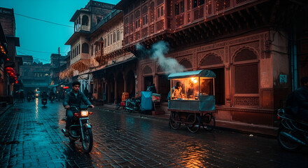 Obraz premium Street food vendor steaming dumplings in historic urban alley at dusk