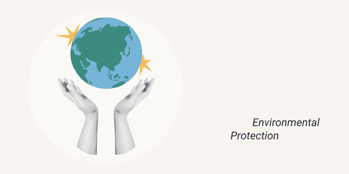 Trendy Halftone Collage of two halftone hands holding a globe earth with star burst elements, symbolizing environmental protection and sustainability, ideal for ecology and CSR content.