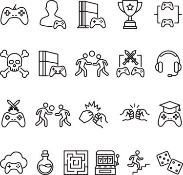 Video game line icons set, 20 gaming vector elements, esports and digital entertainment symbols, black outline gaming controller and console graphics