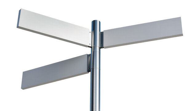 Four blank metal signposts pointing in different directions, isolated on transparent background
