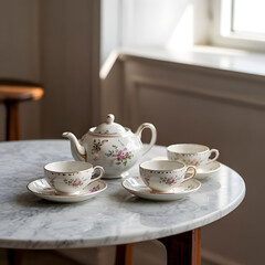 Fototapeta premium Teapot sits on a marble table alongside two matching teacups in a bright, sunlit morning room setting.
