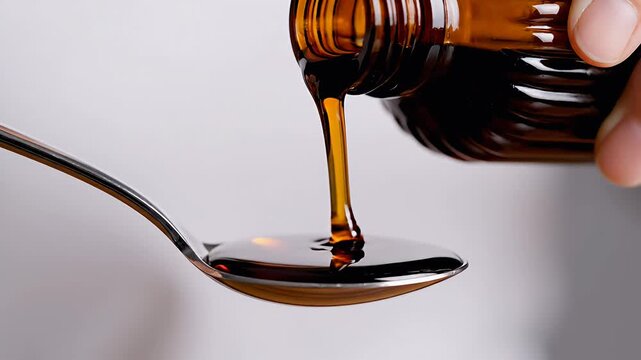 Pouring medicine from a bottle into a spoon for treatment.