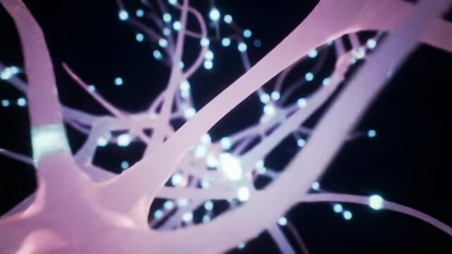 A dreamlike cgi abstract video featuring intricate, glowing neural pathways and tendrils in blue and pink, forming a vast data network against a blurred void, conveying profound sophistication and