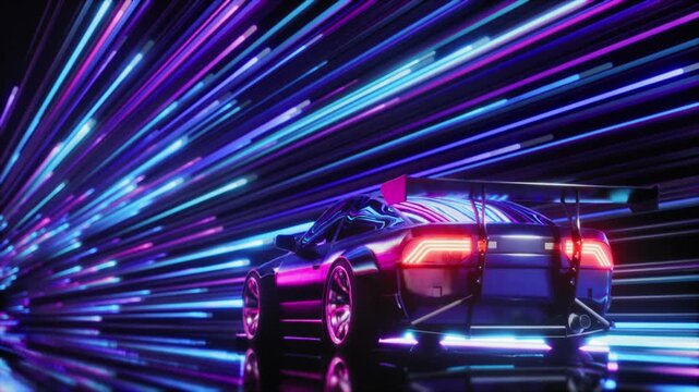 A car speeds through a tunnel of neon lights reflecting on metal, 90s style, looped video, 3D rendering
