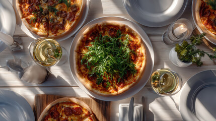 Fresh pizza with arugula, pepperoni, and cheese on table with white wine, plates, and cutlery, sunlight casting soft shadows