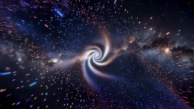 Abstract cosmic vortex with colorful streaks and sparkling particles in deep space