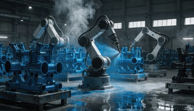 Medium shot capturing wet spray technique as robotic arms evenly coat machinery frames with vibrant primer for corrosion protection.