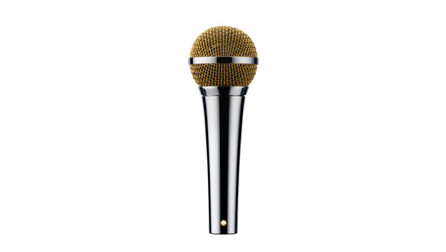 Shiny chrome microphone with golden mesh grille, isolated on transparent background